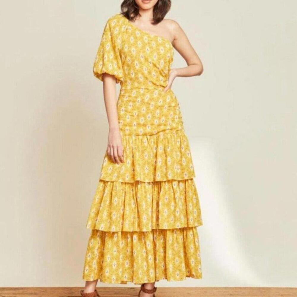 Veronica Beard Virginia Botanical Ikat One-Shoulder Tiered Maxi Dress Sz 00 NWT - Picture 2 of 9